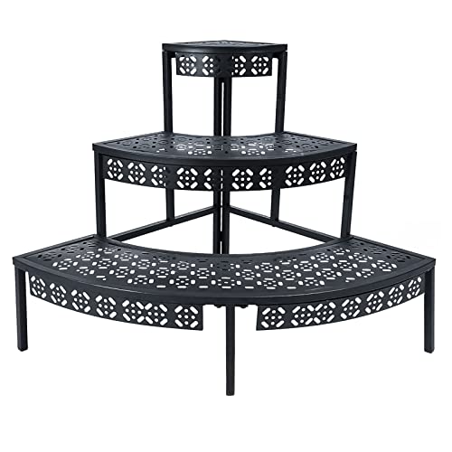 Garden 4 you 3 Tier Plant Stand Semi-Circular Flower Pot Organizer Rack Quarter Round Plant Display Holder Outdoor Storage Shelves Metal Corner Shelf Planter Shelving Ladder Plant Stand for Indoor Use(Black) - color: Black, size: 23.6"L x 23.6"W x 23.6"H