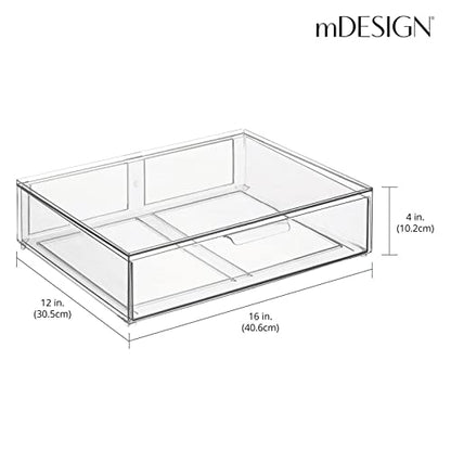 mDesign Wide Plastic Stackable Bathroom Storage Organizer Bin with Pull Out Drawer for Cabinet, Vanity, Shelf, Cupboard, Cabinet, Countertop, Closet Organization - Lumiere Collection - 2 Pack - Clear - size: 12 x 16 x 4 (Pack of 2)