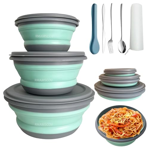 Collapsible Camping Bowl with Lid, Silicone Salad Bowl Serving, Microwave Foldable Soup Ramen Expandable Plates for Travel, Picnic, Rv(Blue New with Kinfe) - color: Blue-New Case with Kinfe