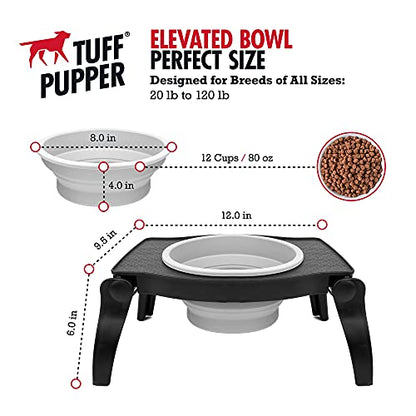 Tuff Pupper Elevated Dog Bowl - Single Raised Collapsible Travel Bowl Holds 80oz/12cups Food/Water