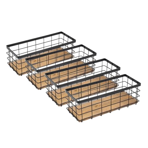 TIEYIPIN Farmhouse Small Metal Wire Storage Basket Bin, Rustic Home Storage Organizer with Wooden Bottom for Kitchen, Cabinets, Bathroom Counter, Pantry, Garage, Laundry Room - Black (4 Pack) - color: Black, size: 4 Pack