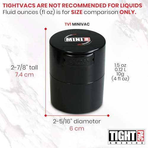 Tightpac Minivac Portable Vacuum Seal Airtight Container – Keeps Coffee Beans, Grounds, Tea, Spices & Herbs Fresh Longer – Travel-Ready, NSF-Certified Food-Grade Storage, 10 to 30 Grams, Black