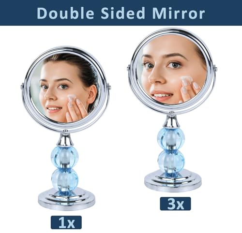 Zahari Home Aroma Magnifying Makeup Mirror with Stand, Double Sided 1X/3X Magnification, 360 Degree Swirl, 6.30 inch Blue - color: Blue, size: 6.3"L x 3.5"W