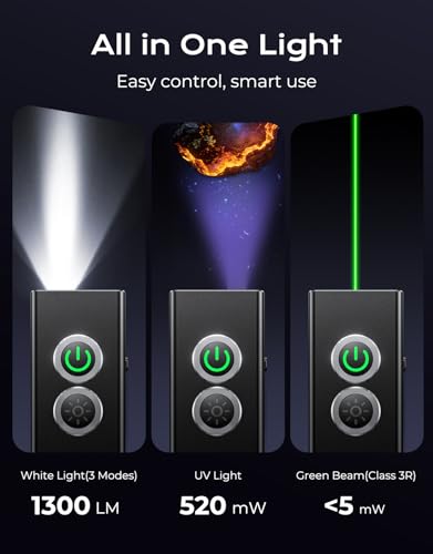 Zewdov 1300LM EDC Pocket Flashlight, 5-in-1 (Spotlight/UV/Green Beam/Floodlight/Red LED) Rechargeable Magnetic/Clip Flat Flashlight for Outdoor/Emergency/Work