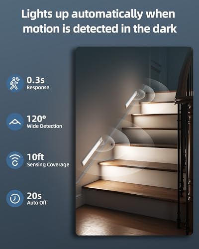12inch Under Cabinet Lights, Motion Sensor Light Indoor, 2200mAh Rechargeable Battery, Wireless, Magnetic, 5 Levels Dimmable Closet Lights, Under Counter Lights for Kitchen, Bathroom (2 Pack) - size: 12inch