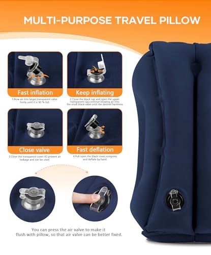 Sunany Travel Pillow, Upgraded Plane Pillow for Long Flights, Inflatable Neck Pillow Used for Airplanes,Cars,Buses,Trains,Office Napping with Eye Mask,Earplugs (Blue) - color: Blue (Head Heart-shape&sloping Base)