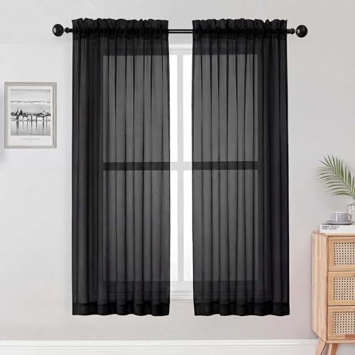OWENIE Black Sheer Curtains 68 Inch Length 2 Panels Set for Bedroom Living Room, Light Filtering Voile Sheer Curtains, Airy Rod Pocket Farmhouse Curtain, Black, Each 42Wx68L inch - color: Black, size: 42"W x 68"L (Pack of 2)