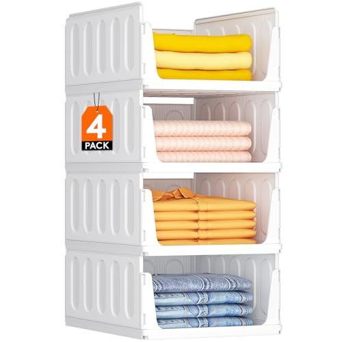 Lifewit 4 Pack Stackable Closet Organizers for Shelf, Plastic Clothes Storage Basket Bins for Wardrobe, Multifunctional Stacking Sweater Containers for Shelves, RV, Pantry, Kitchen, Dorm, 12.6" Wide - size: 16.5" Depth
