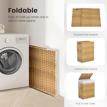 DUMOS Woven Laundry Basket with Lid, 90L Large Capacity Hamper, Removable & Machine-Washable Liner, Foldable Rattan Clothes Hamper, Sturdy Steel Frame, Odor Control, Goose Yellow - color: Goose Yellow, size: 90L