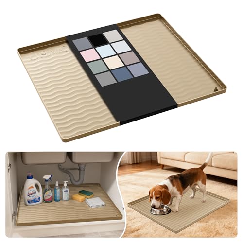 URMONA Waterproof Silicone Under Sink Mat 22'' x 19'' Shelf Liner for Kitchen and Bathroom, Cabinet and Counter Protector, Storage and Organizers, Litter Mat, Pet Cat Puppy Essentials(Khaki) - color: Khaki, size: 19"W x 22"L