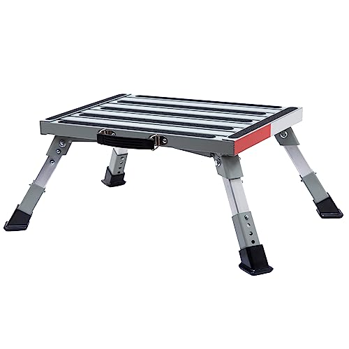 Homeon Wheels RV Step Stool, Adjustable Height Folding Iron Platform with Non-Slip Rubber Feet, Anti-Slip Stripe and Handle, Supports Up to 1000 lbs, 16.5" x 12.2", for Trailer, Truck, Outdoor Use - color: Iron Sliver