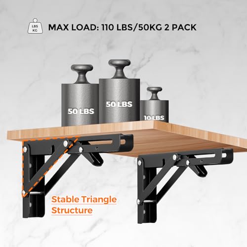 Ravinte 2 Pack 6 Inch Folding Shelf Brackets – Matte Black, Heavy Duty Collapsible Brackets for Tables and Benches – Space-Saving Design - size: 6 Inch
