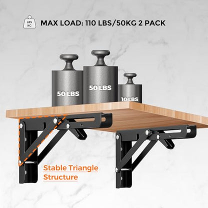 Ravinte 2 Pack 6 Inch Folding Shelf Brackets – Matte Black, Heavy Duty Collapsible Brackets for Tables and Benches – Space-Saving Design - size: 6 Inch