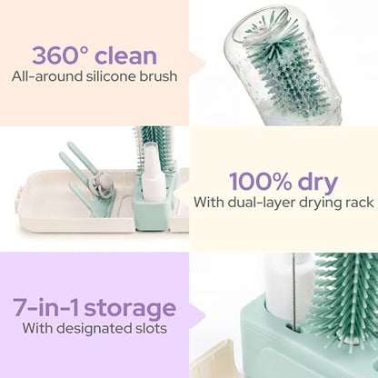 lalalark 7-in-1 Baby Bottle Brush Set, BPA Free Silicone Baby Bottle Cleaning Kit with No Scratch Dual-Headed Brush, Nipple Brush,Soap Dispenser & Drying Rack,Travel Cleaner Set with Storage Case,Mint - color: Mint