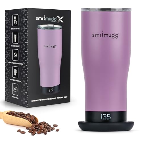 SMRTMUGG X Heated Coffee Mug 19 oz., 8 Hour Battery Life, Self-Heating, Adjustable Temp Controlled, LCD Screen, Includes Cover with Magnetic Slider (Black) (Lilac) - color: Lilac