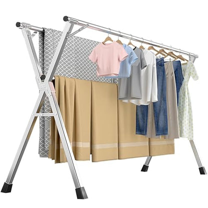 63 Inches Heavy-Duty Stainless Steel Folding Clothes Drying Rack Clothing Indoor Outdoor Anti-Rust 20 Windproof Hooks Portable & Foldable Laundry Rack (63'') - size: 63''