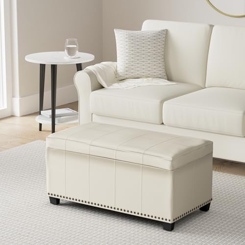 SIMPLIHOME Amelia Storage Ottoman - 33 inch Wide Vegan Leather Rectangle Storage Ottoman Bench in Satin Cream, Transitional Ottoman for Living Room with Nailhead Trim and Lift-Up Lid - color: Satin Cream