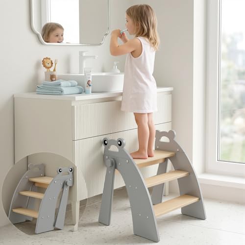 Wooden 3 Step Stool for Kids Bathroom Sink Foldable Anti-Slip, Child Stepping Stool for Kitchen Nursery Bedroom, Sturdy Non Slip Adult Stool for Closet - color: Grey Frog