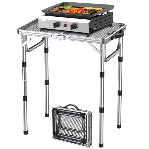 FUNYKICH Folding Grill Table for Outside, 3 Height Adjustable Portable Camping Tables, Lightweight Metal Aluminum Outdoor Table with Portable Handle for Camping, Picnic, BBQ, 23''x16'', Silver - color: Silver, size: 22.8''x 15.7''x27.5''