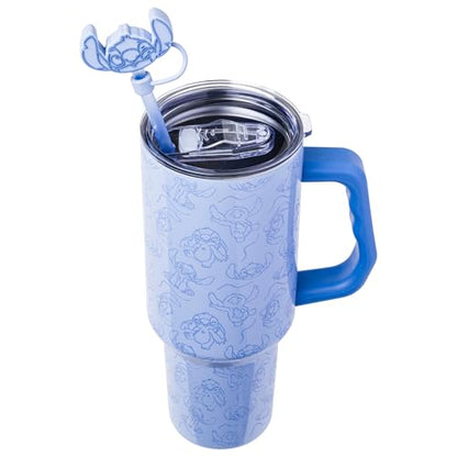 Silver Buffalo Disney Lilo and Stitch Poses Pattern Double Walled Stainless Steel Tumbler with Handle, Straw, and Straw Cap, Fits in Standard Cup Holder, 40 Ounces - color: Disney Lilo and Stitch Poses