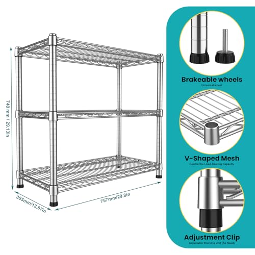 3-Shelf Metal Wire Shelving Unit Adjustable Metal Shelf Heavy-Duty Steel Storage Rack Display shelves Organizer for Office Kitchen Bathroom Laundry Pantry Basement Garage 13.97"D x 29.8"W x29.1"H - size: 3-Tier-Silver[13.97"D x 29.8"W x29.1"H]