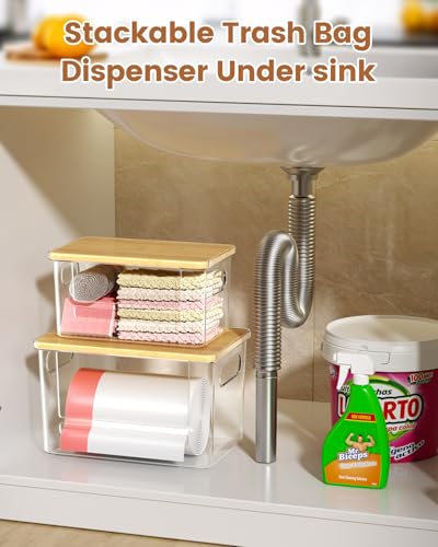 Trash Bag Dispenser 2 Pack (XL+S) - Acrylic Garbage Bags Dispenser with Bamboo Top, Trash Bag Holder Under Sink for Pantry, Kitchen, Laundry Room, Cabinet - size: XL+S-2 Pack
