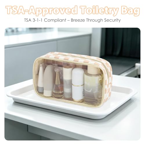 Fammart Clear Travel Makeup Bag for Women, TSA Approved Checkered Cosmetic Bag Make Up Car Organizer Case with Zipper, Large Waterproof Pouch Purse Toiletry Bag for Skincare, Brushes Travel Essentials - color: Clear - Checkered Khaki