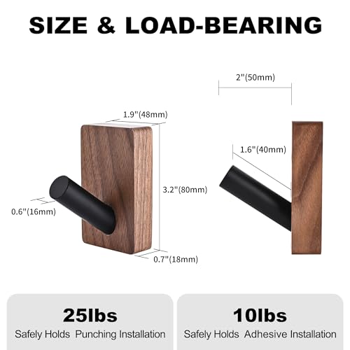 4 Pack Wooden Wall Hooks for Hanging, Adhesive Mounted & Wall Mount Boho Decorative Walnut Wood Coat Hooks for Towel Clothes Blanket Hat Backpack Robe Nursery Door Board Entryway Key Holder - size: 3.1 inches