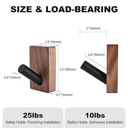4 Pack Wooden Wall Hooks for Hanging, Adhesive Mounted & Wall Mount Boho Decorative Walnut Wood Coat Hooks for Towel Clothes Blanket Hat Backpack Robe Nursery Door Board Entryway Key Holder - size: 3.1 inches