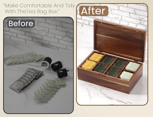 Acacia Wood Tea Bag Organizers, Tea and Sugar Packet Storage Chest with Lid, Wooden Teabag Holder Containers,Tea Box with 8 Compartments - size: Eight grids