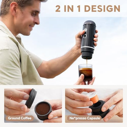 i Cafilas Portable Espresso Machine Self-Heating | Battery Powered Coffee Maker for Camping without Electricity| 2-in-1 Ground Coffee&NS Capsule|19 Bar| USB-C Fast Charge| Black Coffee Maker for Car - color: Black