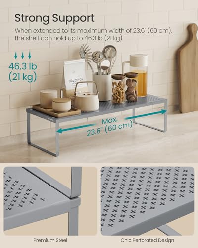 SONGMICS Spice Racks, Set of 2 Expandable Kitchen Countertop Shelves, Small Cupboard Organizers, Metal, Space-Saving Tabletop Shelves, Silver UKCS402FG01 - color: Silver, size: Set of 2