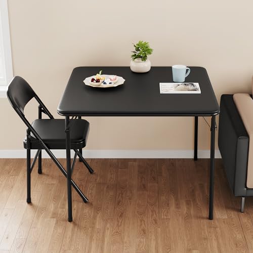 GarveeHome 33.6 in Folding Card Table, Portable Square Folding Table with PU Leather Soft Cushion, Foldable Table Suitable for Dining Room, Living Room, Office, Camping - color: Black