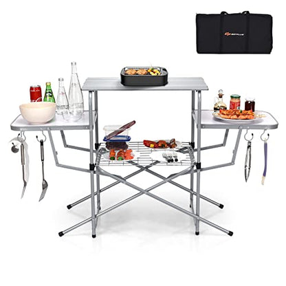Goplus Folding Grill Table, Aluminum Camping Table with 26'' Main Tabletop, Hooks and Carry Bag, Portable Picnic Table Grill Stand for Outdoor Tailgating BBQ Beach Backyard RV