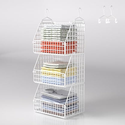 PUPPYCUTE Hanging Closet Organizer and Storage, Clothes Hanging Shelves Wire Baskets for Clothing Sweaters Purse Handbags Shoes White 3 Tier - color: White-3pcs