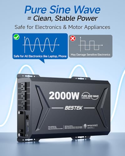 2000 Watt Pure Sine Wave Power Inverter, 12V DC to 110/120V AC Inverter with 3 AC Outlets, Remote, PD 3.0 USB Port, QC 18W, Remote Controller, LED Display,For RV Solar Systems,Semi Truck,Vehicles,Boat - color: Gray