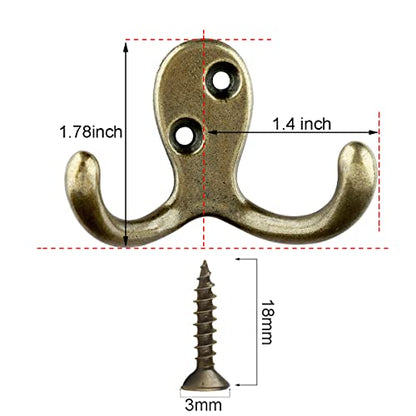 IBosins 10 Pack Heavy Duty Double Prong Coat Hooks Wall Mounted with 20 Screws Retro Double Hooks Utility Hooks for Coat, Scarf, Bag, Towel, Key, Cap, Cup, Hat - color: 10 Pcs Antique Brass
