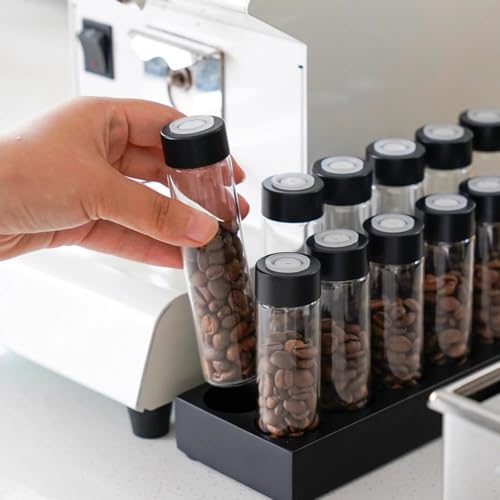 watchget Coffee Bean Container 12PCS Coffee Bean Cellars Tubes Single Dose Coffee Beans Storage with One-Way Exhaust Valve & Black Stand & Silicone Funnel- Organized Storage Solution - color: Black ABS Lid 12PCS