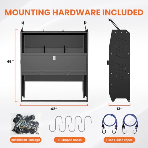 Adjustable Cargo Van Shelving with Lockable Door and Hooks, Heavy Duty Steel Storage 42" W x 46" H x 13" D, Fits Transit, ProMaster, Chevy Express, GMC Savana, Sprinter, Low/Mid/High Roof - size: 42" W x 46" H x 13" D