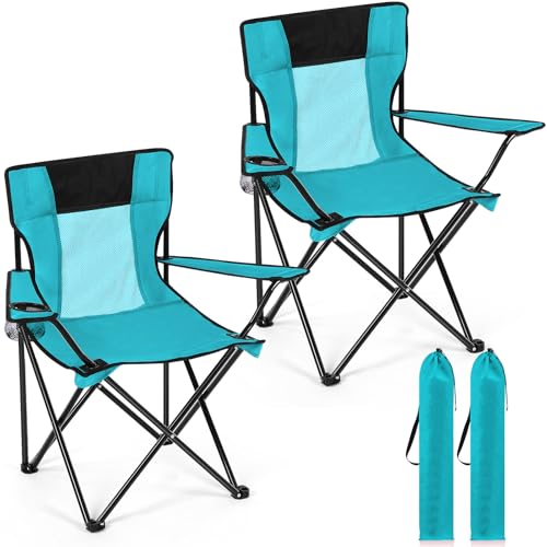 Shellwei 2 PCS Folding Camping Chair with Cupholder and Carry Bag Regular Size Colorful Breathable Portable Lightweight Lawn Chair with Side Pocket for Fishing Hiking Beach Outdoor Activity - color: Turquoise