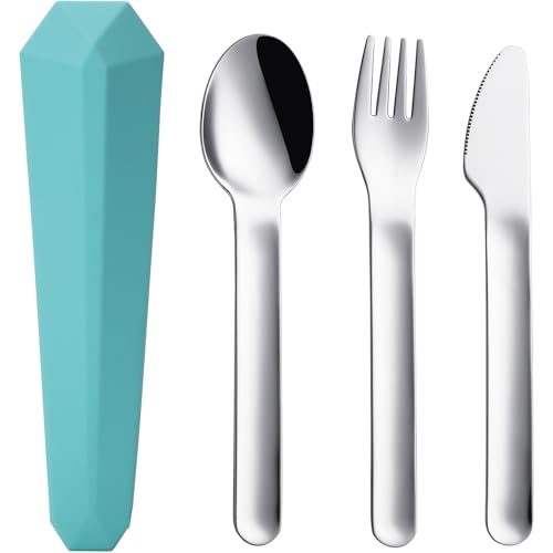 DEVICO Utensils for Lunch Box, 4Pcs Travel Silverware Set with Case, Teal | Portable Silicone Case, 18/8 Stainless Steel Fork Spoon Knife Set for Work School Picnic, Reusable Camping Cutlery for Kids - color: Teal