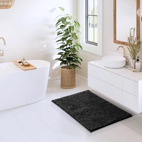 Hearth & Harbor Bathroom Rugs, Chenille Bath Mat - Machine Washable Bath Mats for Bathroom Non-Slip Backing Rubber, Quick Dry Bathroom Mat - color: Black, style: 20 x 32