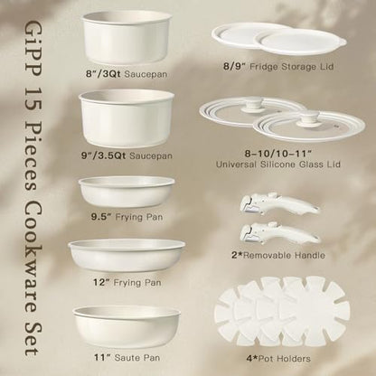 GiPP Ceramic Pots and Pans Set Non Stick, Nonstick Detachable Handle Cookware Sets, Healthy Non Toxic PFAS PFOA & PTFE Free, Dishwasher ＆Oven Safe, Induction Kitchen Pot and Pan, 15 Piece Cream - color: White, size: 15PCS 02