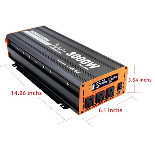 3000 Watt Power Inverter Converter, Car/Truck/RV 12V DC to 110V AC Converter, with LED Display, 3AC Outlets, USB Port - size: 3000W