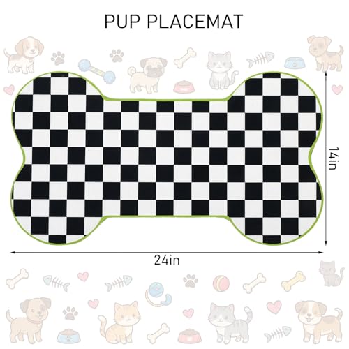 Yookeer Black and White Pup Placemat Check Plaid Cute Pet Food Mat for Dog Bowls and Cat Bowls Gift Decorations Buffalo Plaid Bone Shaped Dog Place Mat Spring Pet Accessories Supplies, 14 x 24 Inch