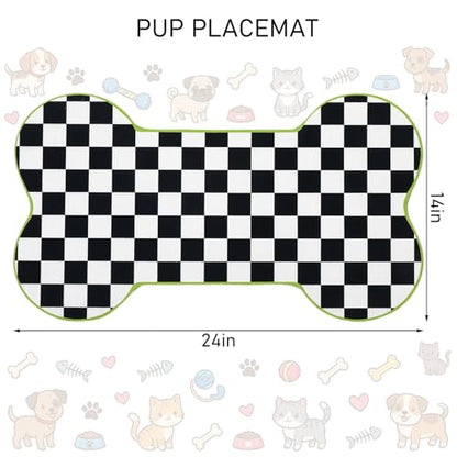 Yookeer Black and White Pup Placemat Check Plaid Cute Pet Food Mat for Dog Bowls and Cat Bowls Gift Decorations Buffalo Plaid Bone Shaped Dog Place Mat Spring Pet Accessories Supplies, 14 x 24 Inch