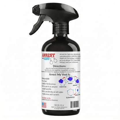 Arrest My Vest Military and Police Grade Odor Eliminating Spray for Body Armor, Tactical Gear. Safe on K9's, ballistic vests and all fabrics including leather - Unscented - 2 16 oz Bottles - size: 32 fl oz (2 Bottles)