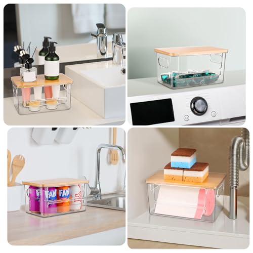 Trash Bag Holder Dispenser, Garbage Bag Dispenser with Bamboo Lid & Handles, Stackable Clear Trash Bag Organizer Under Sink for Kitchen, Pantry, Laundry Room, Cabinet - size: Small