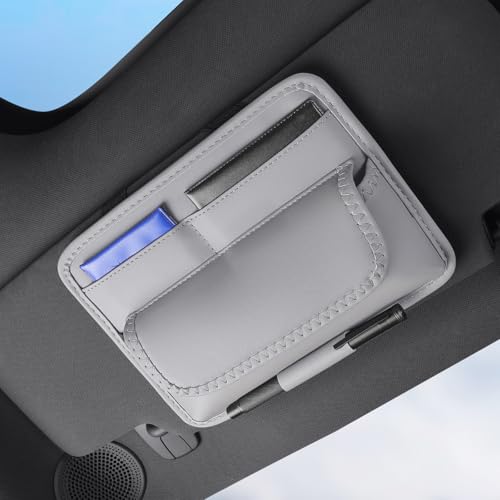 HOLDCY Car Visor Organizer – Sun Visor Storage Pouch Holder for Vehicle Truck SUV, PU Leather Auto Interior Accessories for Registration Document, Gas Card & Sunglasses, Universal Fit (Gray) - color: Gray