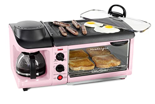 Nostalgia 3-in-1 Breakfast Station - Includes Coffee Maker, Non-Stick Griddle, and 4-Slice Toaster Oven - Versatile Breakfast Maker with Timer - Pink - color: Pink, style: Classic Retro